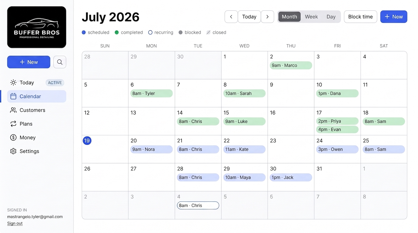 Buffer Bros CRM calendar with a month of booked jobs